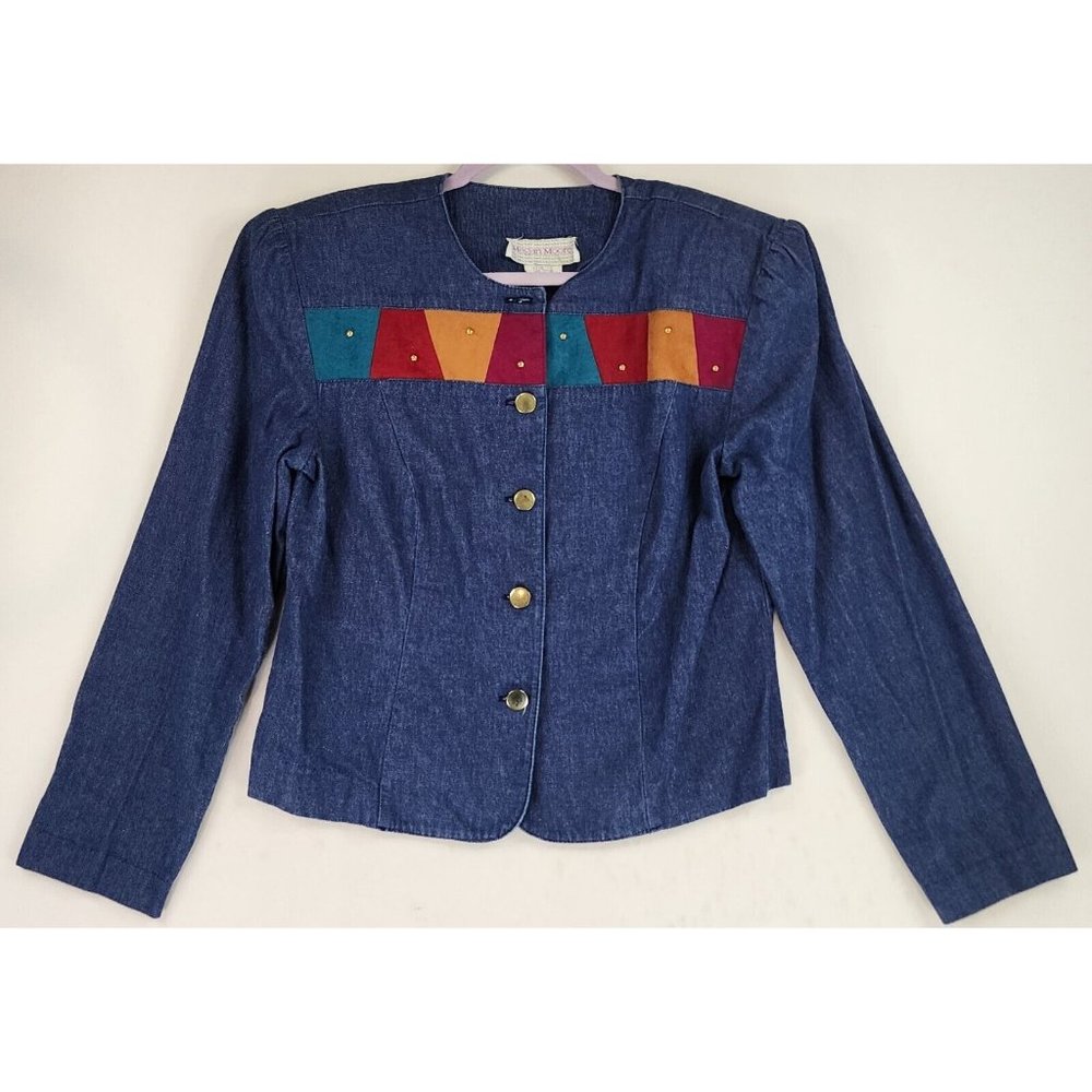 Megan Moore Jean Jacket Womens 12 Blue Denim‎ Gold Beaded Southwestern Button Up
